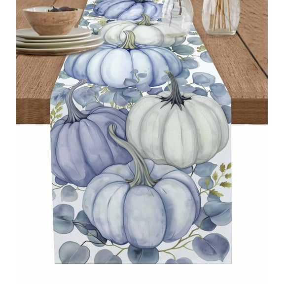 Ldtrchee Blue White Pumpkins Fall Table Runner 36 Inches, Thanksgiving Eucalyptus Leaves Bed Runner Dresser Scarves Tabletop for Indoor Outdoor Parties/Ceremony/Banquet, 13"x 36"