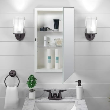 Frameless Mirror Medicine Cabinet, 16" W x 26" H, Made for Recessed or Surface Mount, Powder Coated Steel Body, with Beveled Edge Mirrored Door and 2 Storage Shelves,White