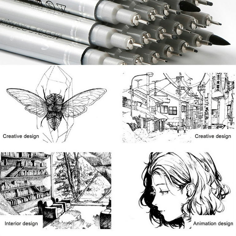 10pcs Needle Drawing Pen Waterproof Sketch Pigment Fine Liner Pen Set  Professional Marker Hook Pens For Signature Artist + Brush