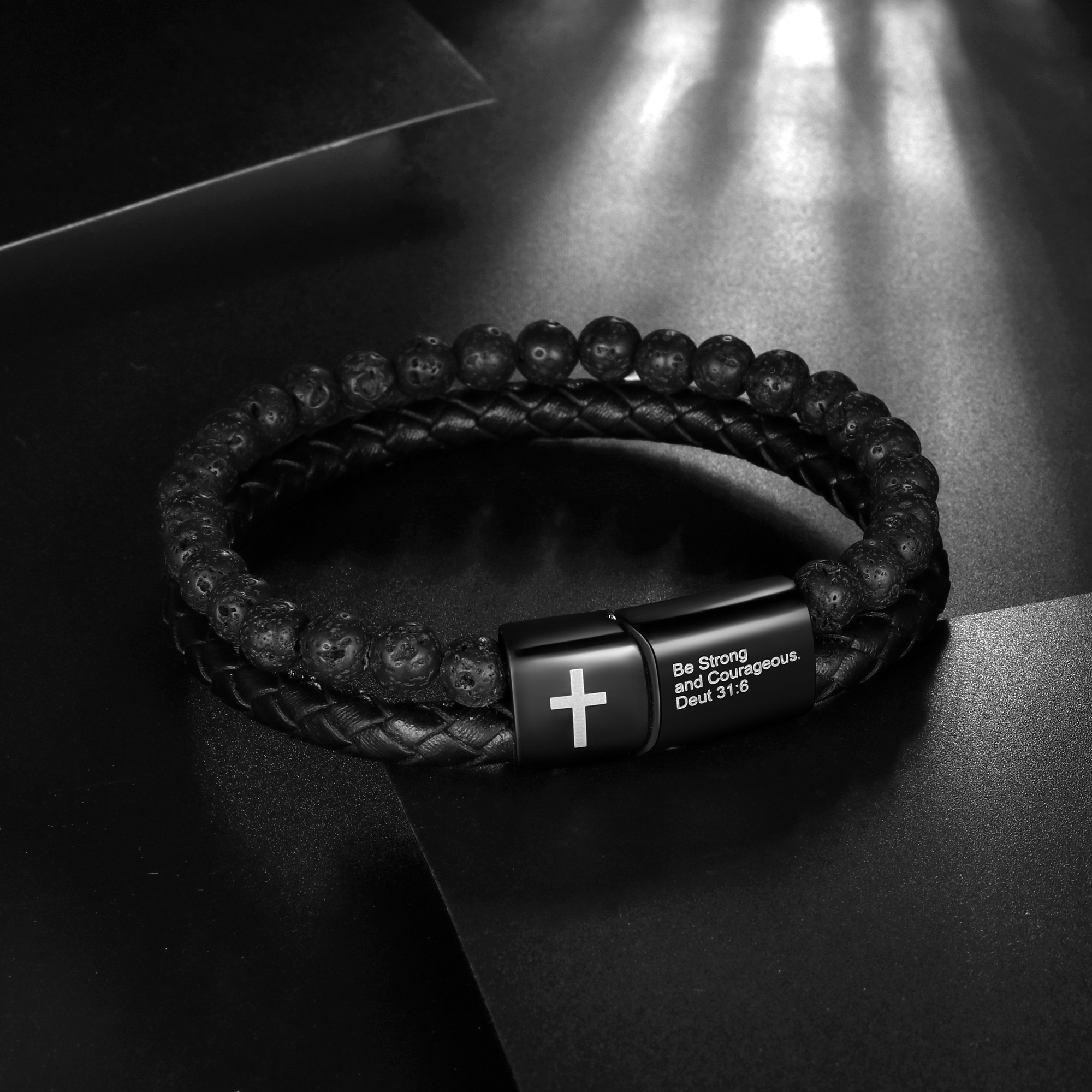 Jewmon Men's Stainless Steel Cross Bracelet with Lava Rock Beads photo 7