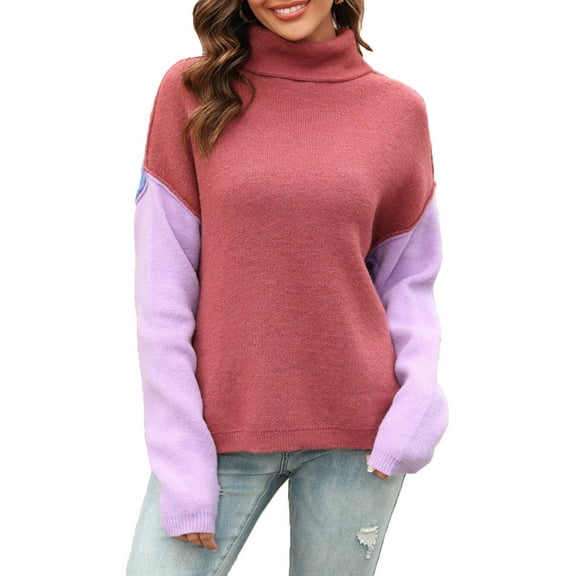 ShomPort Women's Color Block Sweaters Mock Neck Long Sleeve Casual Loose Knitted Pullover Jumper