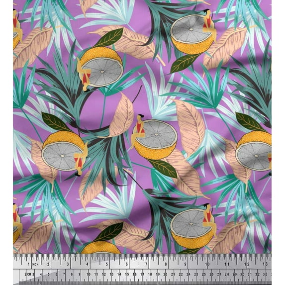Soimoi Purple Cotton Voile Fabric Tropical Leaves,Girl & Lemon Slice Vegetable Print Fabric by the Yard 42 Inch Wide