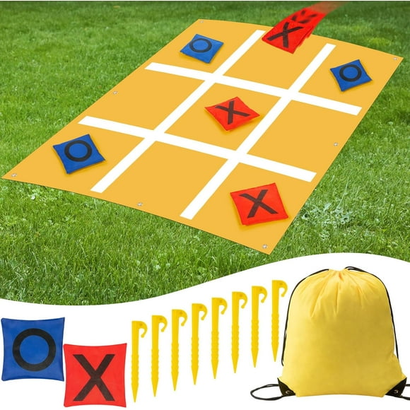 20 Pcs Tic Tac Toe Game Set Bean Bag Toss Game Outdoor Tic Tac Toe Cloth with Bean Bag Drawstring Storage Pouch Yellow Ground Nails for Boy Girl Adult Family Camping Indoor Outdoor Supplies