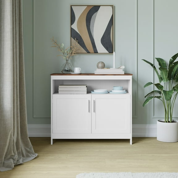BizChair 40" Classic Buffet and Sideboard with Double Door Storage Cabinet and Open Storage Shelf in White with Walnut Finish Top