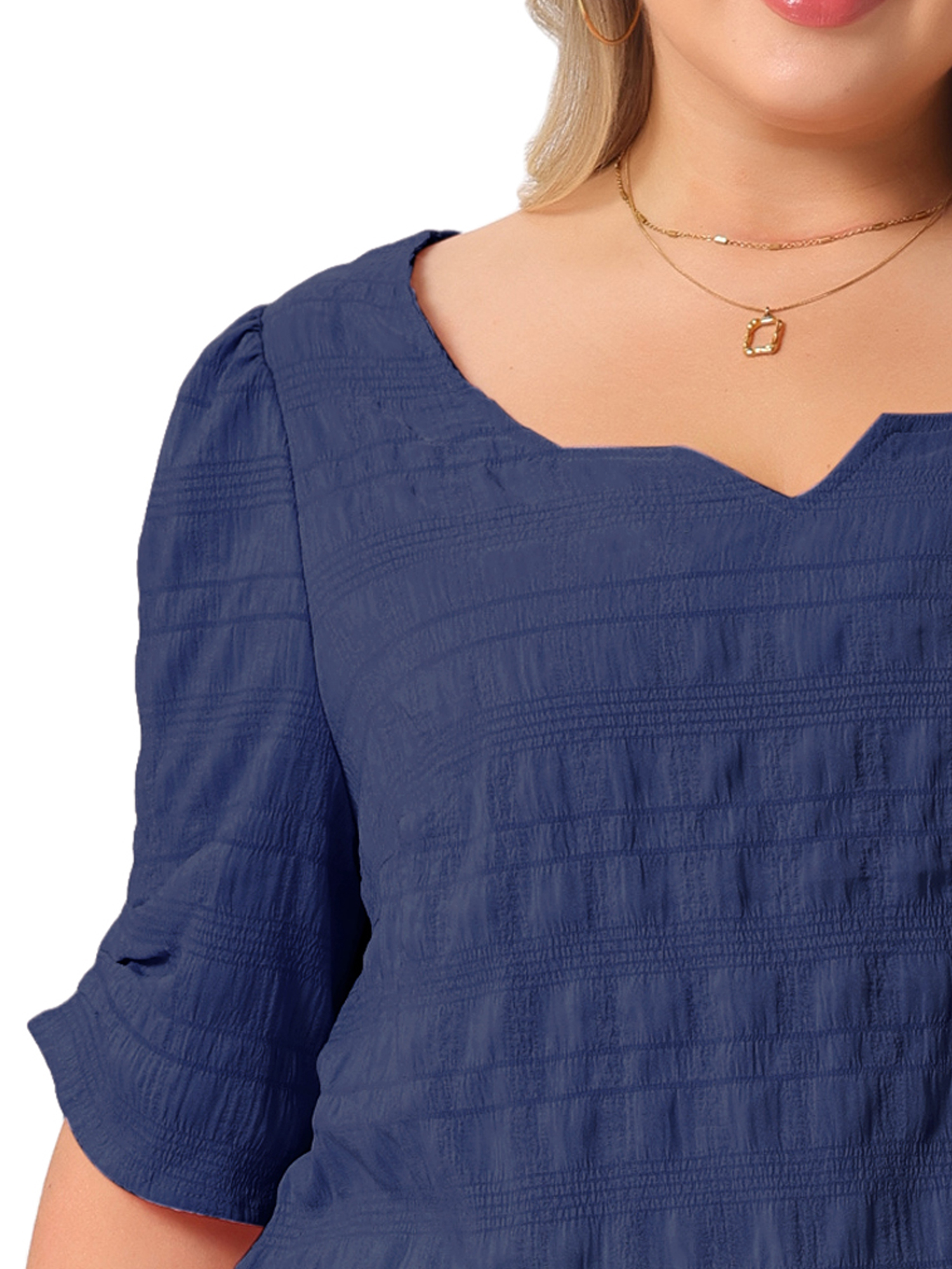 DARING DIVA Women's Plus Textured Notched V Neck Blouse 3X Dark Blue