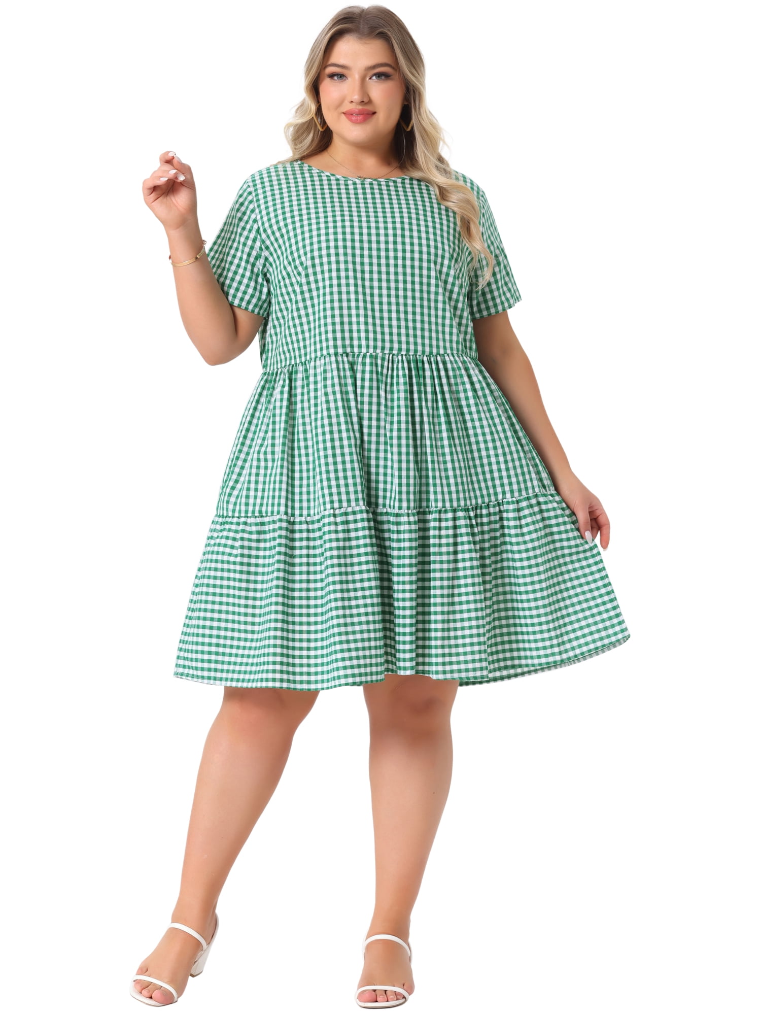DARING DIVA Women's Plus Size Plaid Round Neck Short Sleeve Midi Dress 3X Green