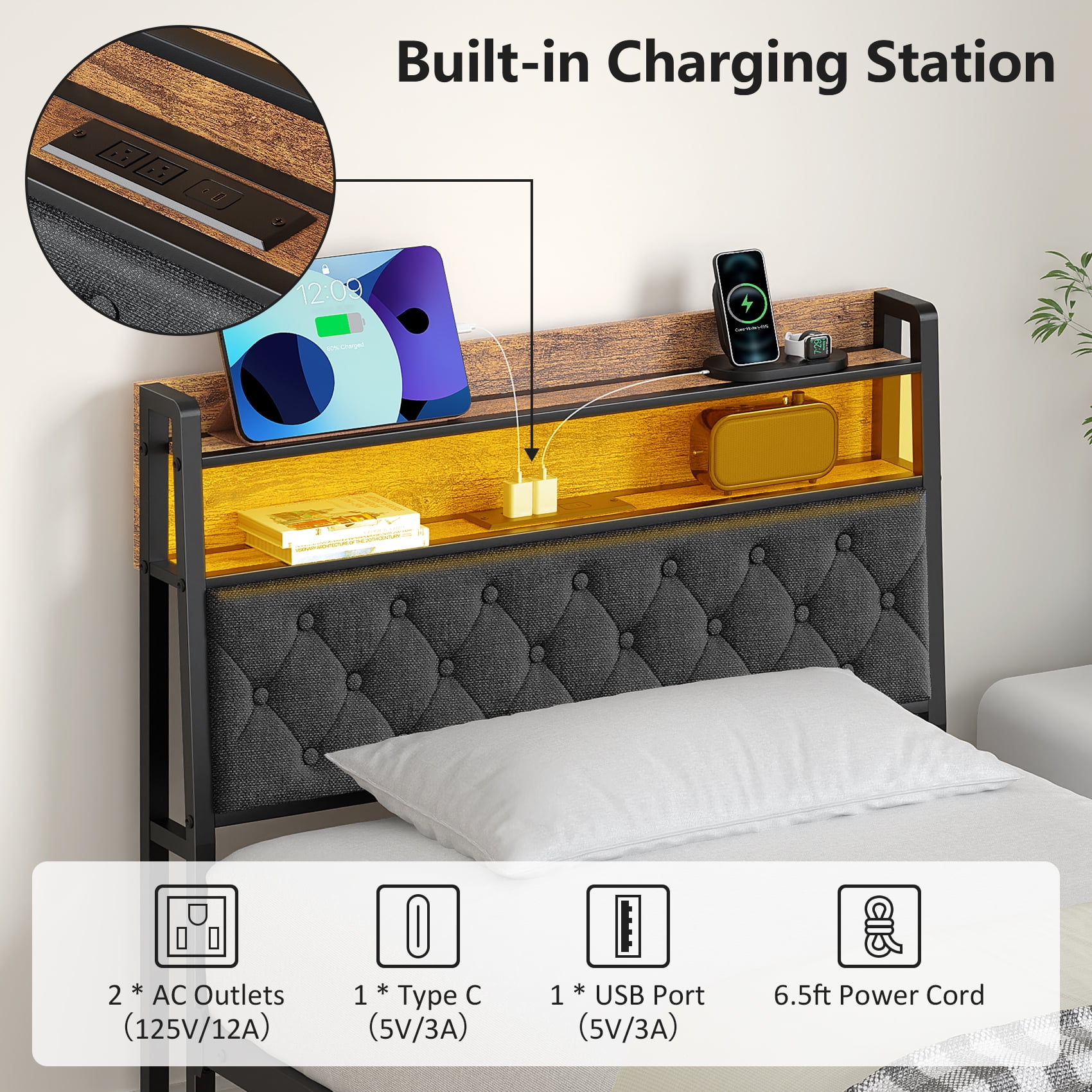 Frmobepts Twin Bed Frame with LED Light, Power Outlets & USB Charging Port, Upholstered Headboard with Storage, Metal Platform Bed, Gray