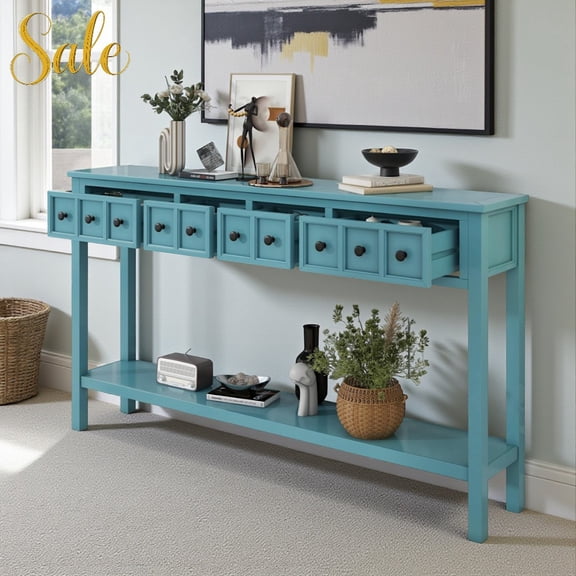 Tcbosik 60" Long Console Table with 4 Drawers and Open Storage Shelf, Modern Farmhouse Wooden Sofa Table for Living Room, Hallway, Entrance (Turquoise Green)