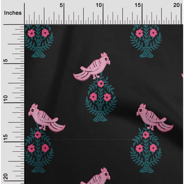 oneOone Cotton Cambric Fabric Leaves|Bird & Floral Block Print Fabric BTY 56 Inch Wide