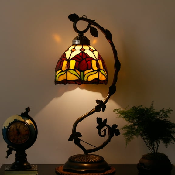 Tiffany Lamp Table Stained Glass Beside Lamp, Farmhouse Nightstand Desk Tulip Light 21" Tall Thin Rustic Metal Leaf Base Living Bedroom Coffee Bar Industrial Boho Country WERFACTORY LED Bulb Included