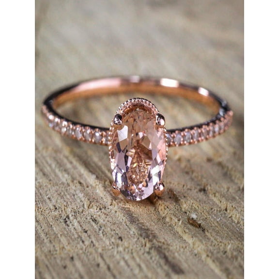 Oval Cut Solitaire Morganite & Diamond Moissanite Halo Engagement Ring 1.25 Carat Morganite Solitaire Engagement Ring In Rose Gold