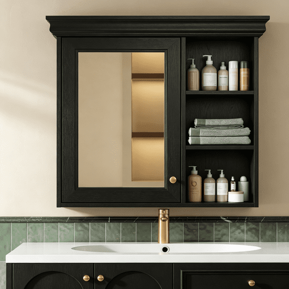 ICYER BOOM 30" Bathroom Medicine Cabinet, Wall Mounted Mirror Cabinet with Open Storage Shelves, Black Bathroom Cabinet with Mirror Door, Adjustable Shelves for Bathroom Living Room