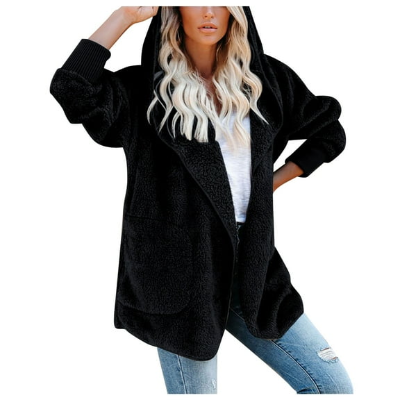 LYXSSBYX Plus Size Womens Shackets Hot Sale Clearance Women's Fashion Loose Solid Color Long Sleeve Hooded Warm Plush Cardigan Coat