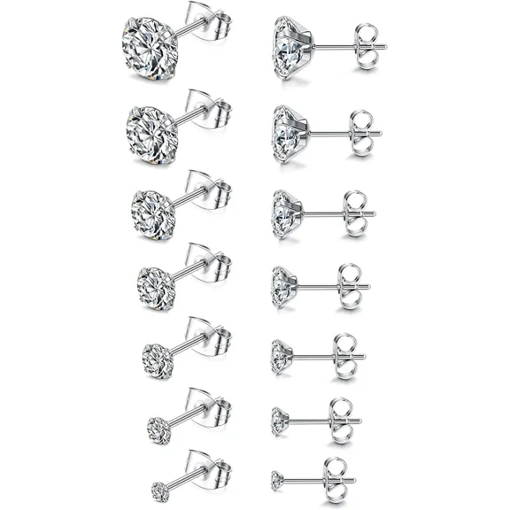 Cterwk 7 Pairs Stainless Stud Earrings Set Round Cubic Zirconia Stud Earrings for Women Men