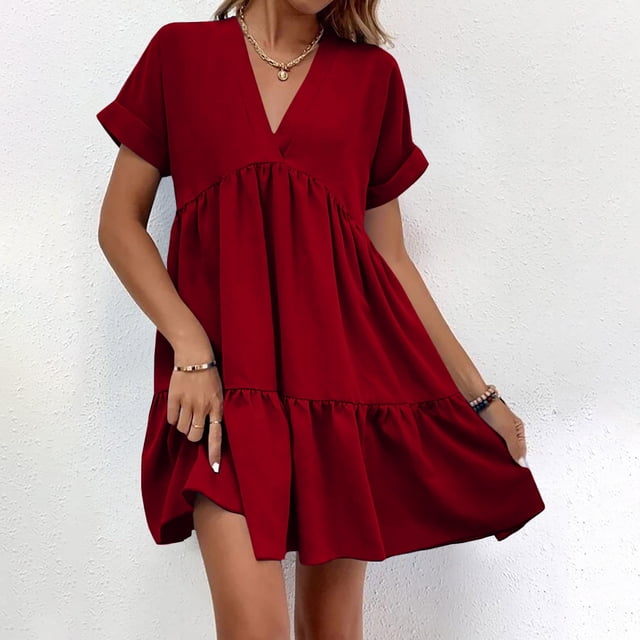 Puntoco Vestido De Manga Corta Con Cuello En V, Vestido De Verano De Mujer Con Cuello En V Y Manga Corta De Color Liso Burdeos S