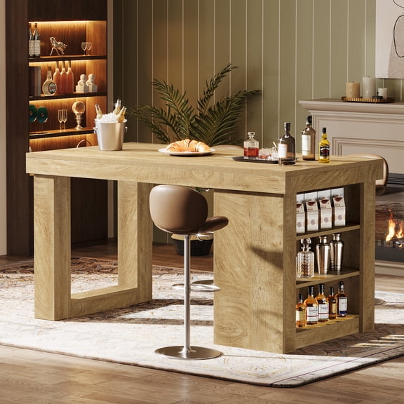 Finmind 55" Wooden Farmhouse Bar Table, Large Counter Height Table with Storage Shelves, Modern Home Bar Furniture for Kitchen, Dining Room, Living Room, Pub, Bistro, Basement, Natural Wood