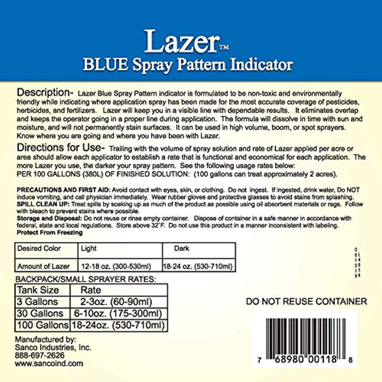 Liquid Harvest Lazer Blue Concentrated Spray Pattern Indicator - 1 Gallon (128 Ounces) - Perfect Weed Spray Dye, Herbicide Dye, Fertilizer Marking Dye, Turf Mark and Blue Herbicide Marker
