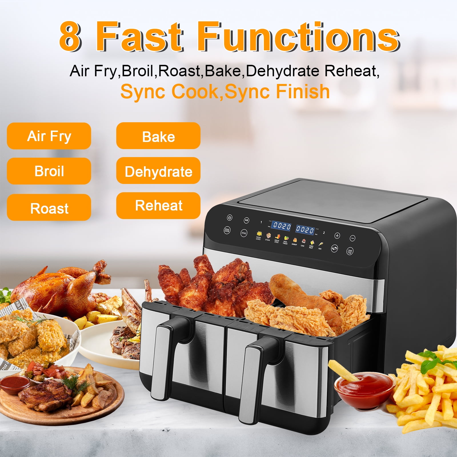 Jacgood 8In1 Dual Basket Digital Air Fryer Oven w/ Touch Screen, 2 Independent 9.5 QT Baskets For Co(图5)