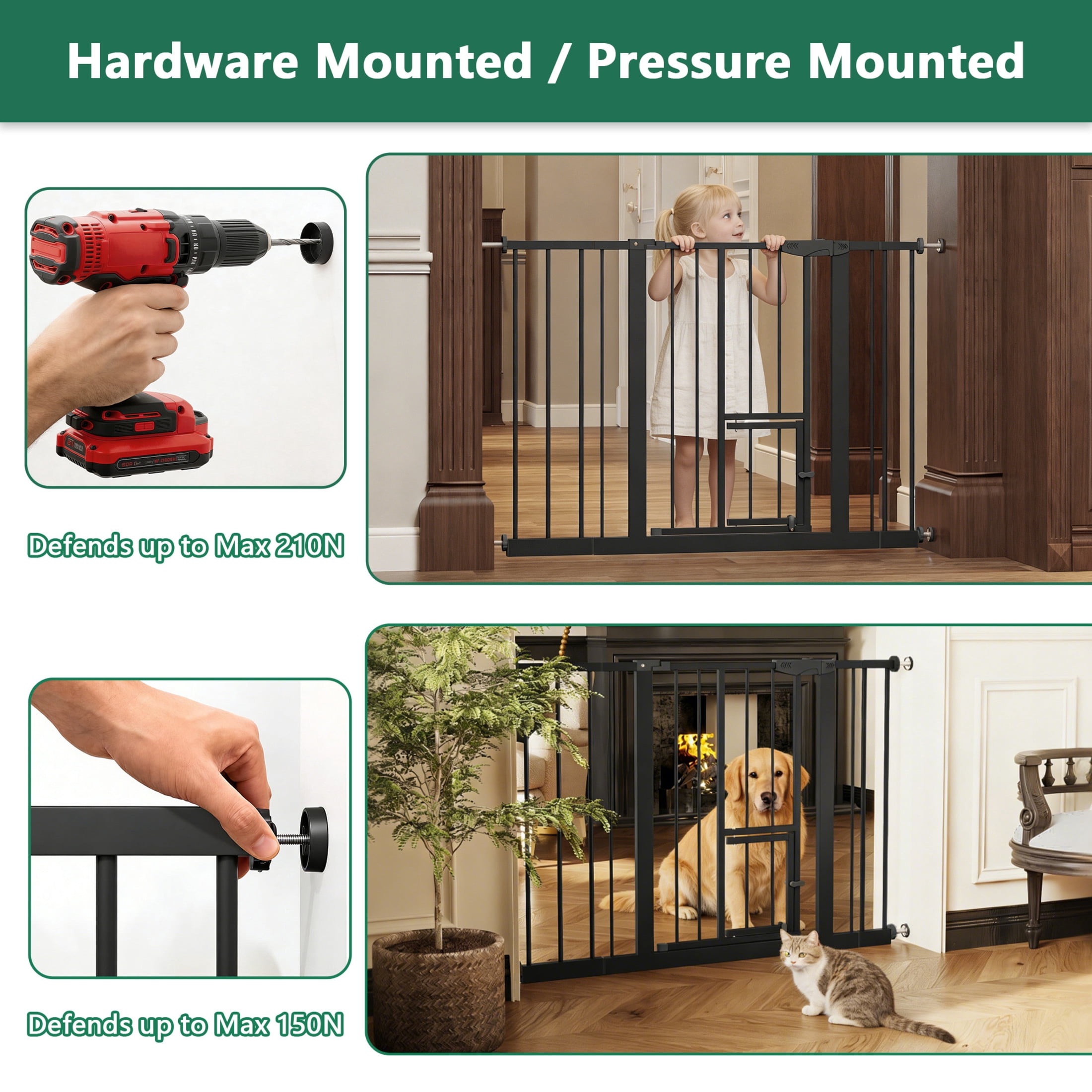 Noble House 44" Wide Pressure Mounted Baby Gate with Cat Door, Walk-Through Steel Pet Safety Gate, Black