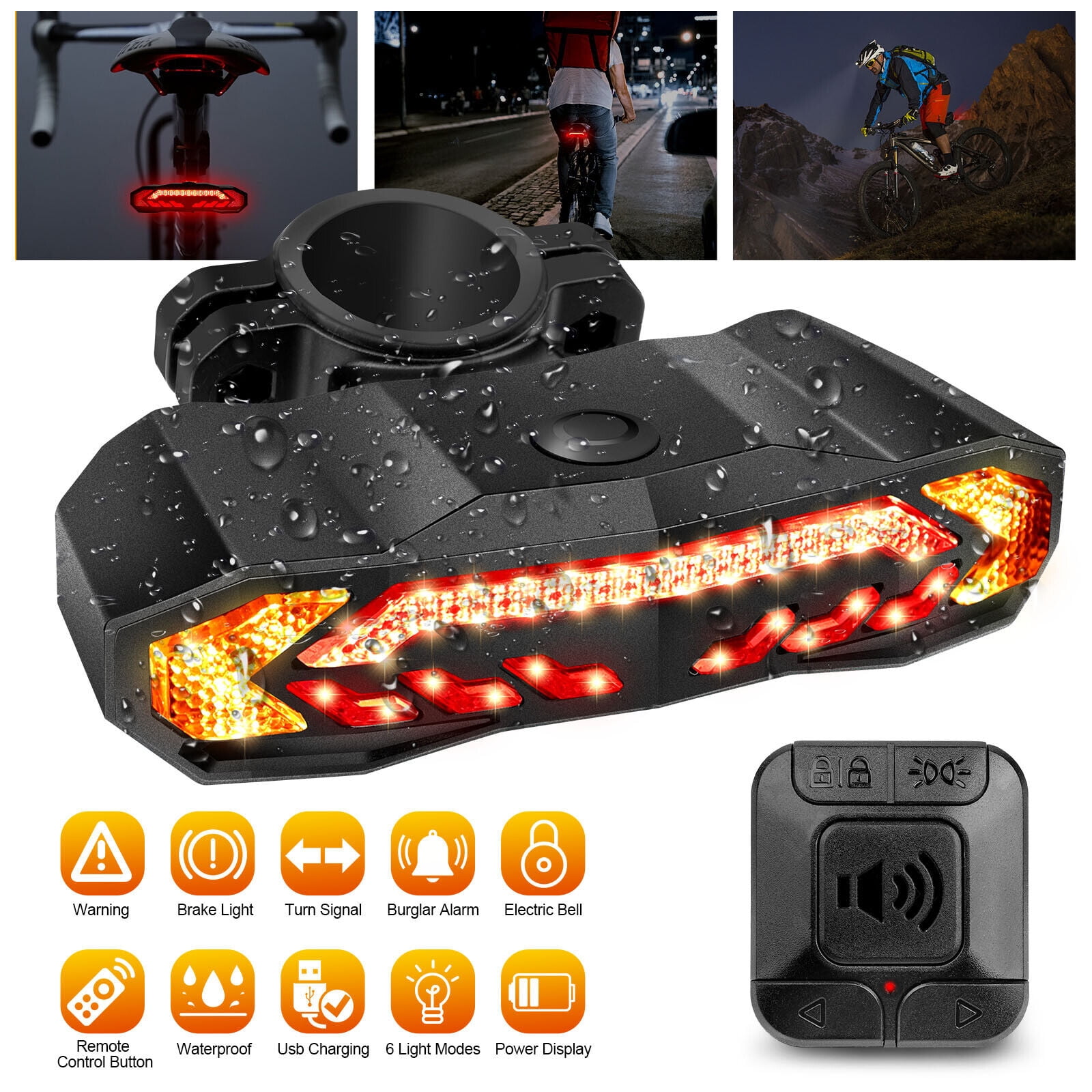 Bike Led Tail Light Brake Lamp Alarm Wireless Remote Control Turn