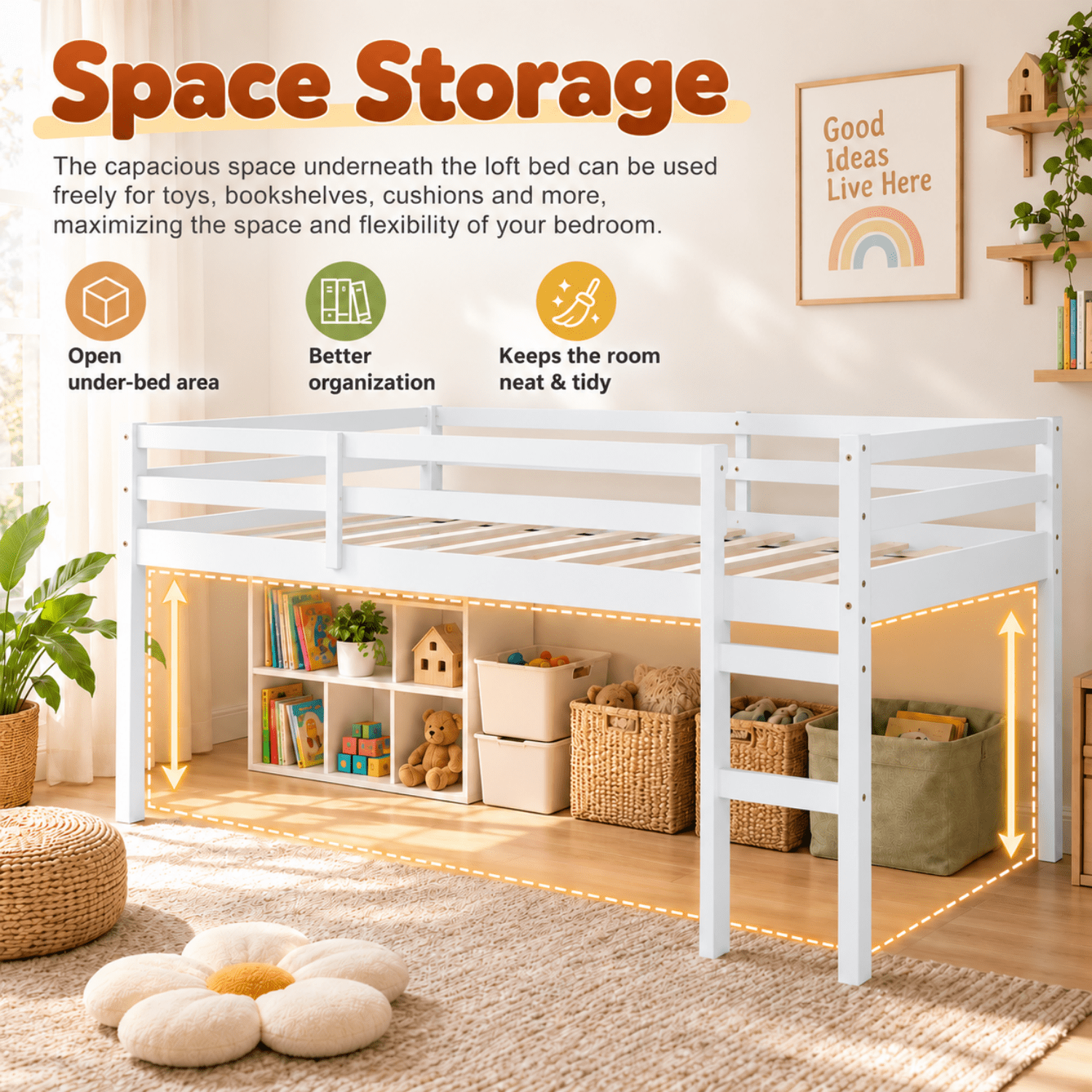 Miniyam Full Loft Bed for Kids, Solid Wood Frame with Ladder and Guardrails, Space-Saving Design, White