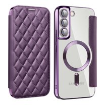 ELEHOLD for Samsung Galaxy S24  Case Flip Folio Built-in Card Holder RFID Blocking Protective Leather Case Transparent Clear Back Magnetic Compatible with Mag Safe Shockproof Cover,purple