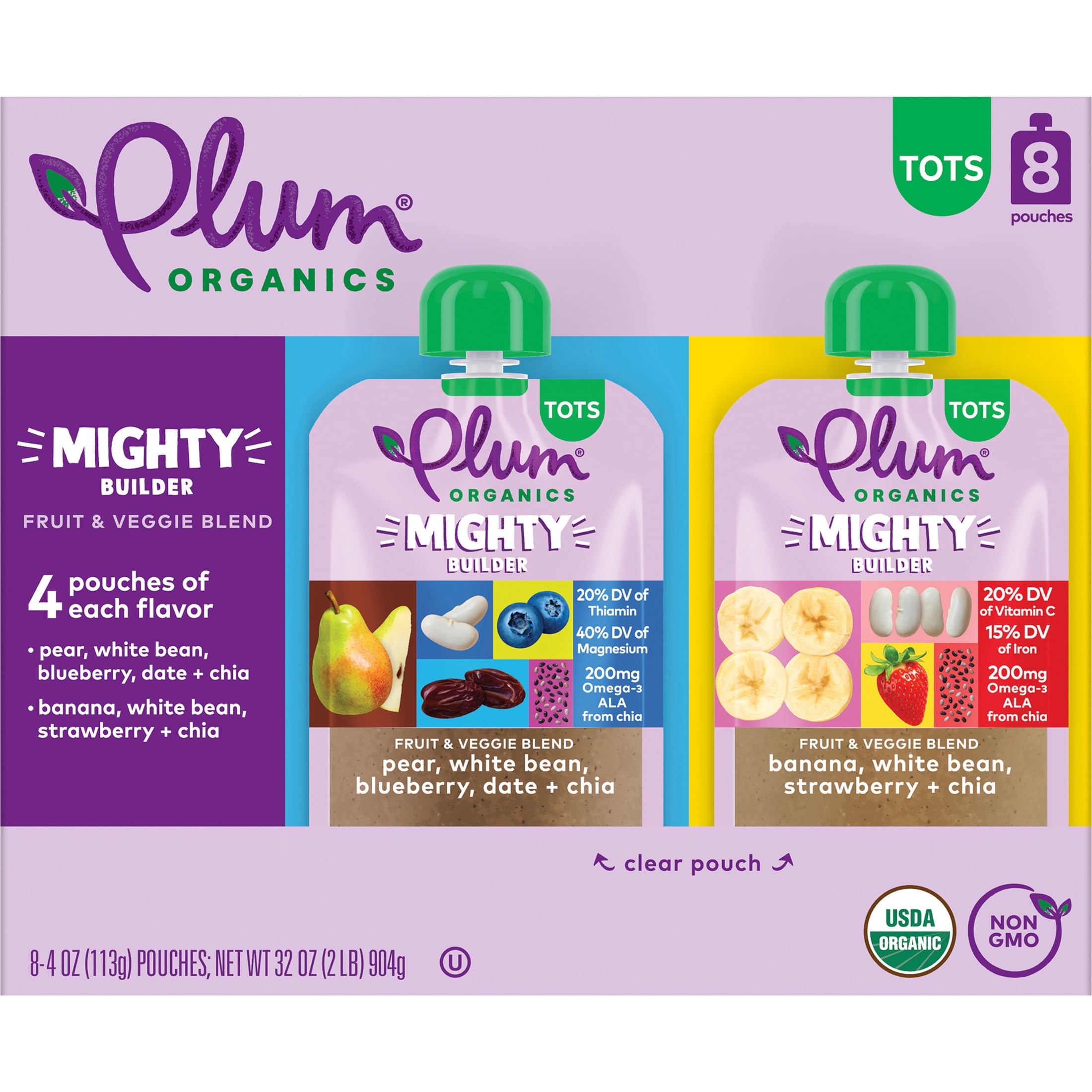 (3 pack) Plum Organics® Tots Mighty Builder Fruit & Veggie Blend Pear, White Bean, Blueberry, Date + Chia & Banana, White Bean, Strawberry + Chia 4oz Pouch-8-Pack