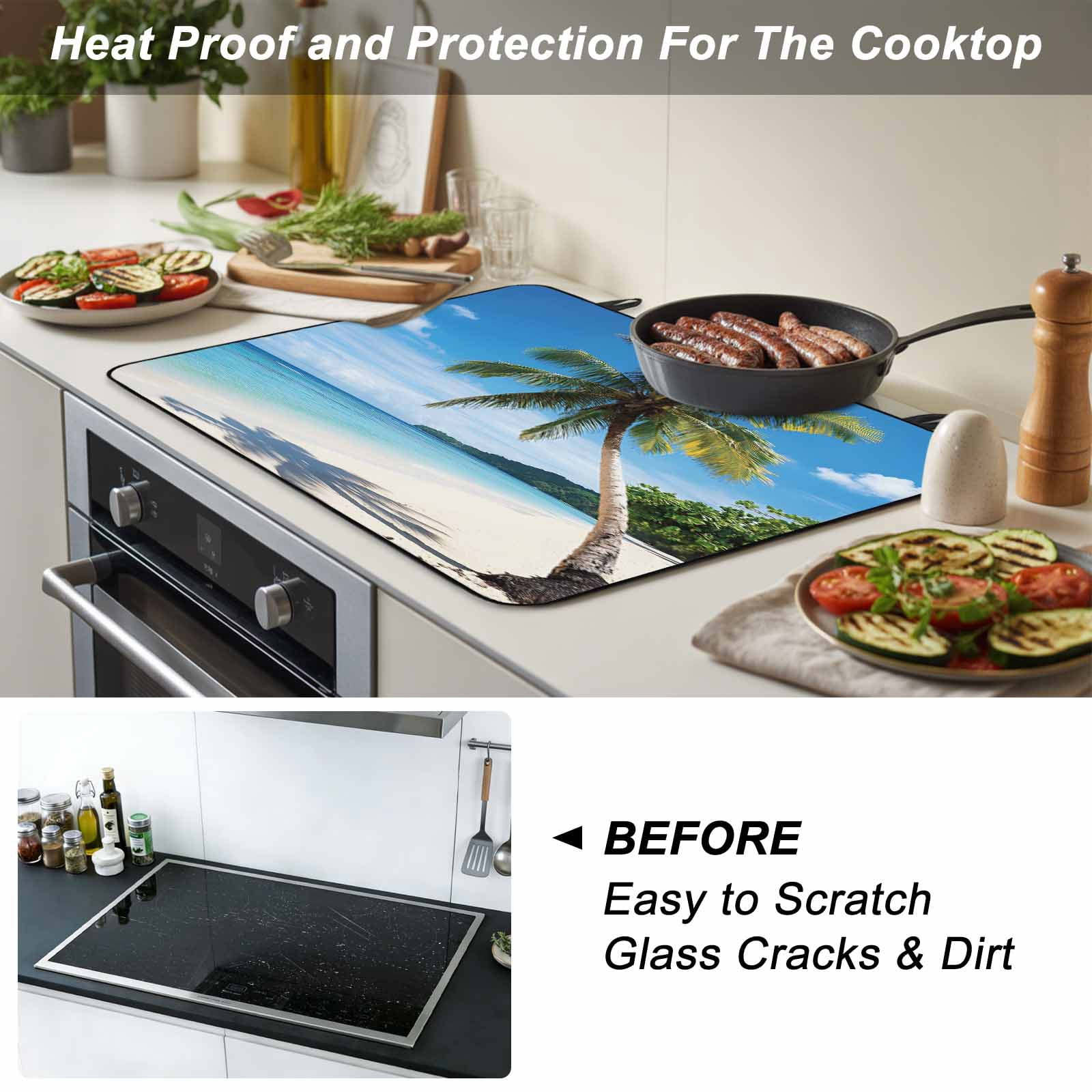 Coastal Tropical Stove Top Cover for Electric Stove, Heat-proof & Non Slip Glass Top Stove Cover Protector, Blue Sky Coconut Tree Summer Beach Kitchen Flat Cooktop Rubber Mat 24x21 Inches