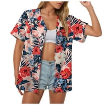 TTUHYWXI Hawaiian Shirts for Women Tropical Shirt Summer Beach Hawaii Button Down Short Sleeve Blouses Floral Tops Hawaii Outfits 2025 ( Red, XL)