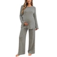 thumbnail image 3 of LEKWK Maternity Pajamas Striped Set Adjustable Waistband Crewneck Long Sleeve Top and Pants Postpartum Casual Loungewear Pregnancy Sweatsuit, 3 of 9