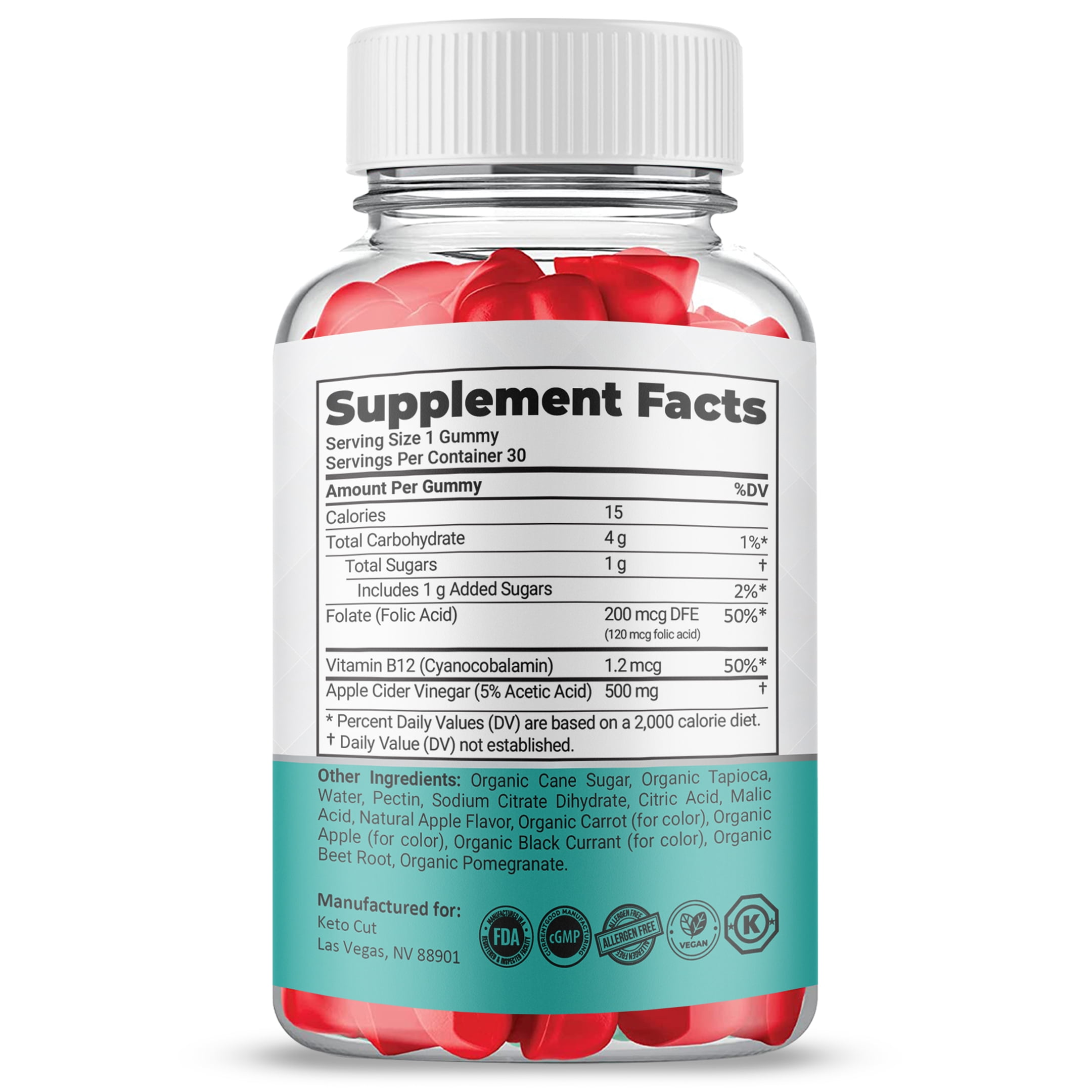 (1 Pack) KetoCut Keto ACV Gummies, Apple Cider Vinegar, Max Strength, 1 Month Supply Dietary Supplement, Made in USA.