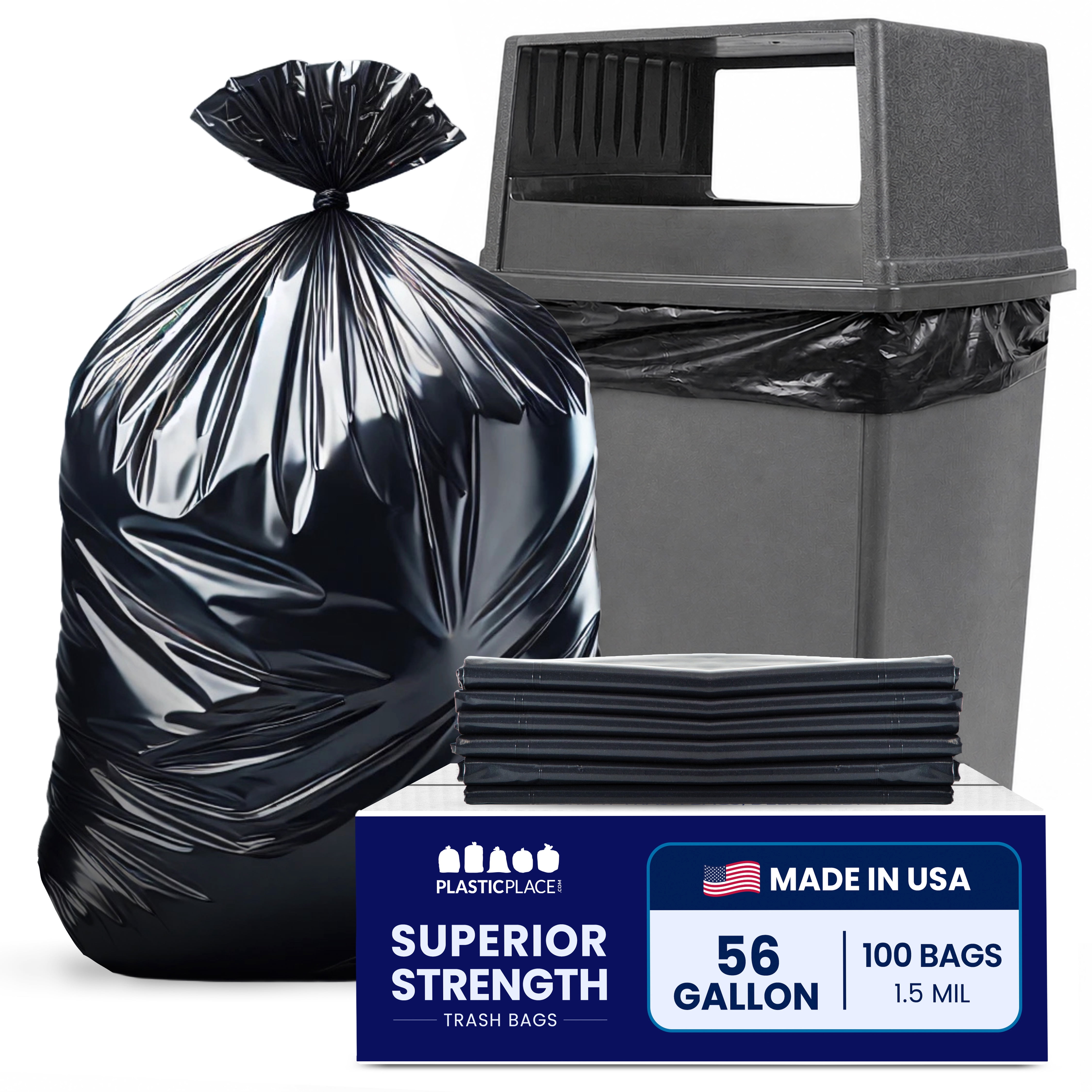 Plasticplace 56 Gallon Trash Bags │ 1.5 Mil │ Black Heavy Duty Garbage Can Liners │ 43” x 46” (100 Count)