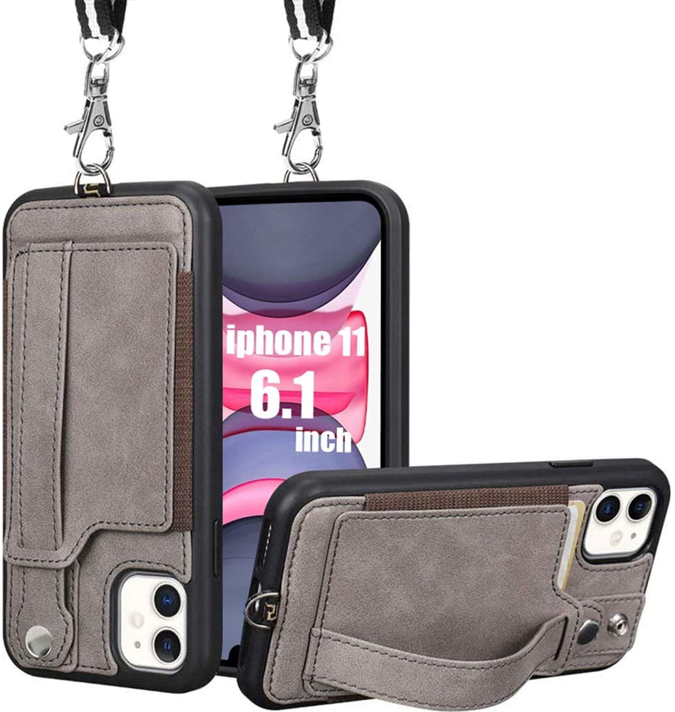 iPhone 11 Wallet Case, iPhone 11 Case Lanyard Neck Strap with Kickstand  Leather Card Holder Adjustable Detachable Necklace, Phone Protective Back  Cover for Apple iPhone 11 6.1 inch Gray 