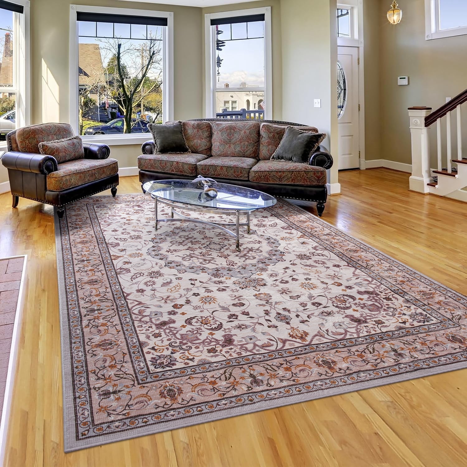 Jamfeel Area Rugs Vintage Floral Printed Washable Non-slip Carpets Foldable Thin Low Pile Rug for Living Room Bedroom 8'x10' Khaki