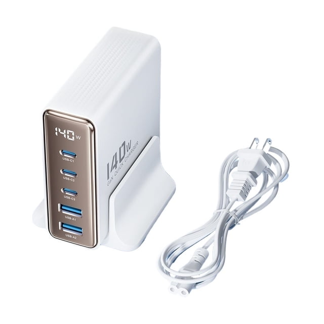 140W GaN USB Charger 5-in-1 Desktop Fast Charge USB Type C Charger LED Display