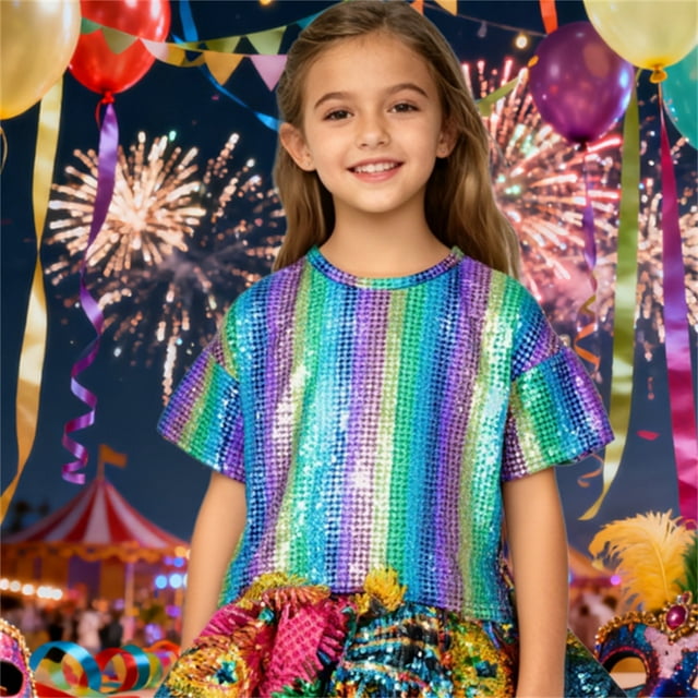 Haut de Performance à Paillettes pour Filles Manches Courtes Chemise de Danse Tee Scintillant pour Spectacle et Récital d'Enfants