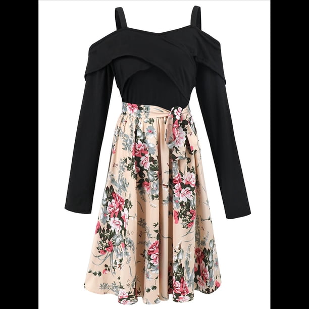 Vestido Floral de Corte A, Larga, Hombros Descubiertos y Corte Entallado para Mujer, y Otoño Rosa M