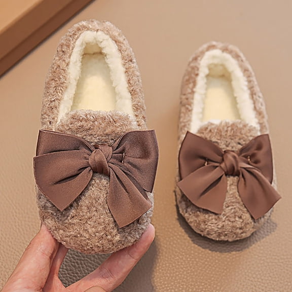Non-Slip Kids Girls Fuzzy Slippers with Bow Faux Shearling Warm House Shoes Khaki,Size 31