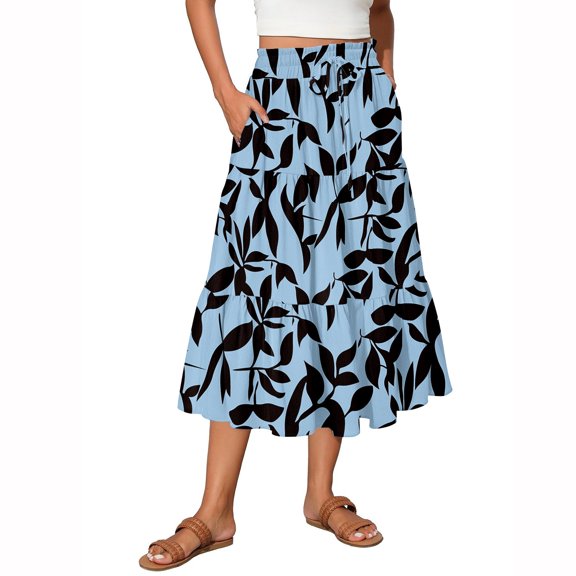 Women’s Elastic Waist Tiered Maxi Skirt with Leaf Print and Side Pockets Lightweight Flowy A-Line Skirt for Casual Wear Light Blue M