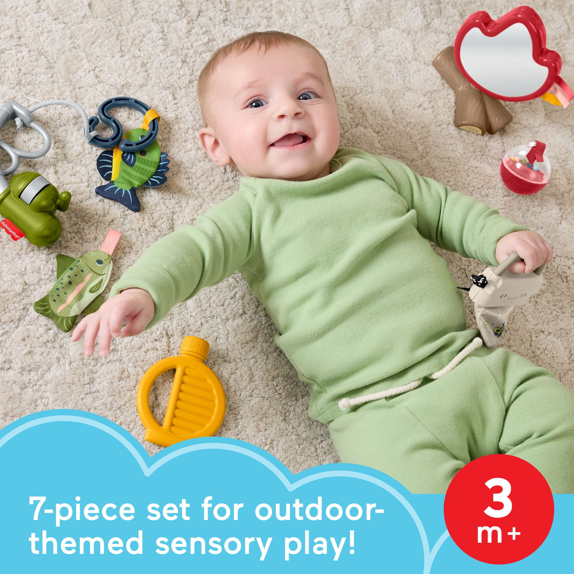Fisher-Price Mini Me Moments Camp & Crinkle Gift Set, 7-Piece Fishing & Hiking Baby Activity Toys