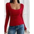 thumbnail image 3 of Womens Long Sleeve Shirts Square Neck Ribbed Knit Crop Tops Fall Outfits Fashion Clothes Red L, 3 of 8