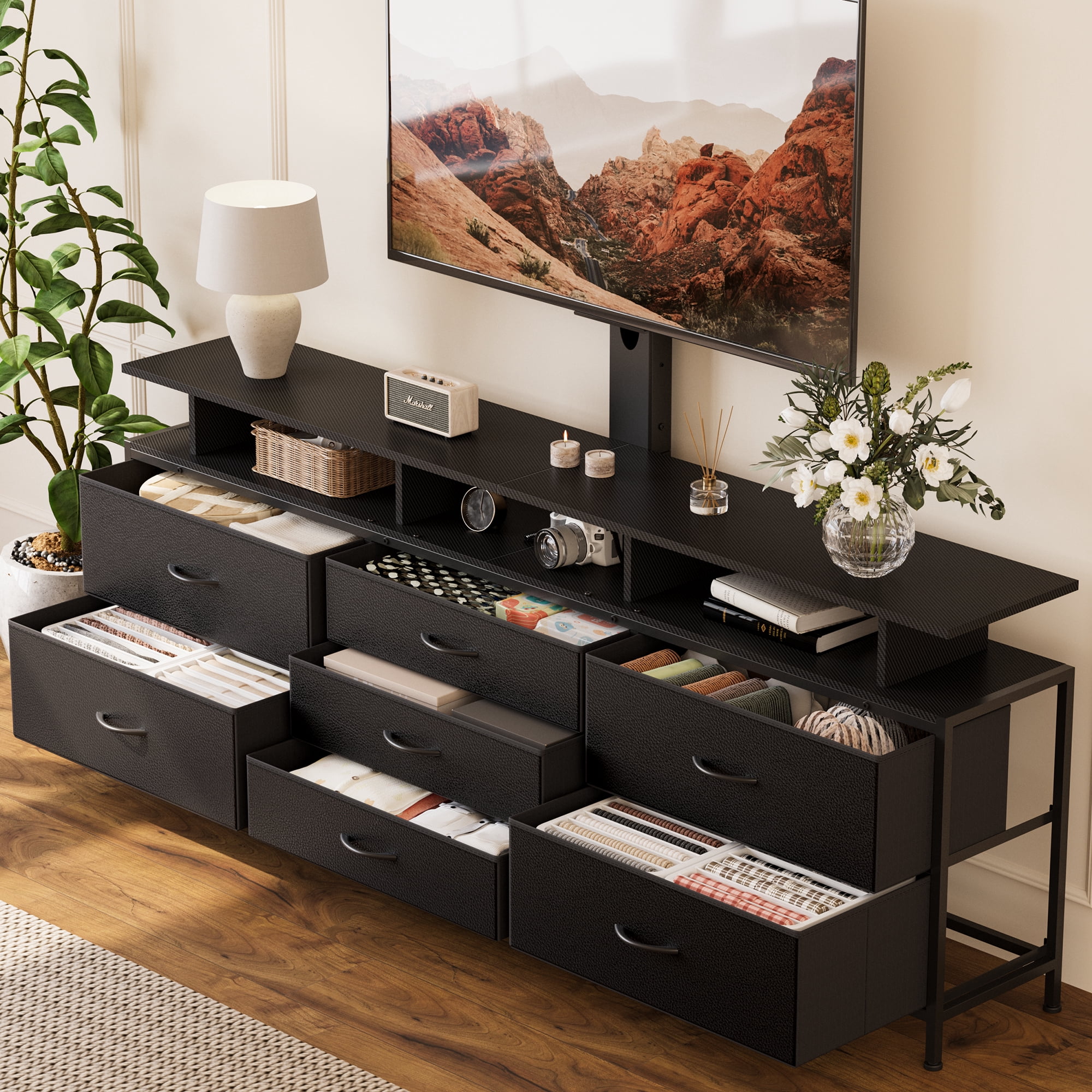 GUNAITO TV Stand with Adjustable Mount for TV up to 75", Big TV Stand for Living Room with 7 Fabric Drawers , Black