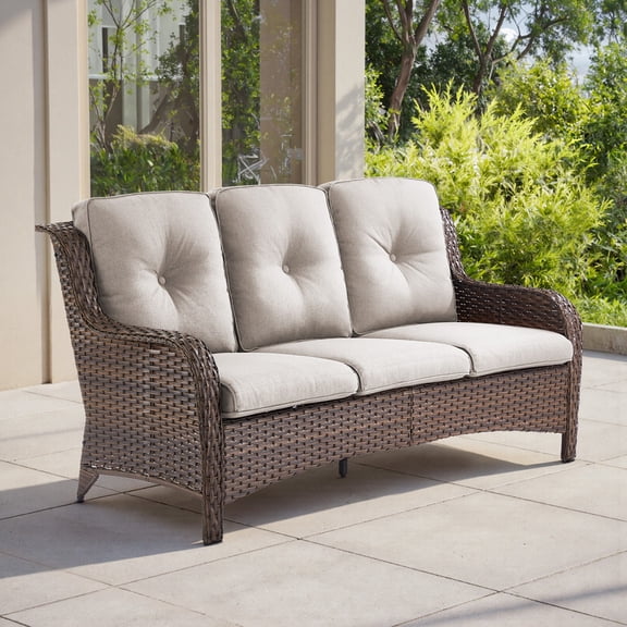 Lumiinofami Outdoor Deep Seat Sofa Patio Wicker 3-Seater Sofa Couch with Cushions for Balcony Porch Deck, Beige
