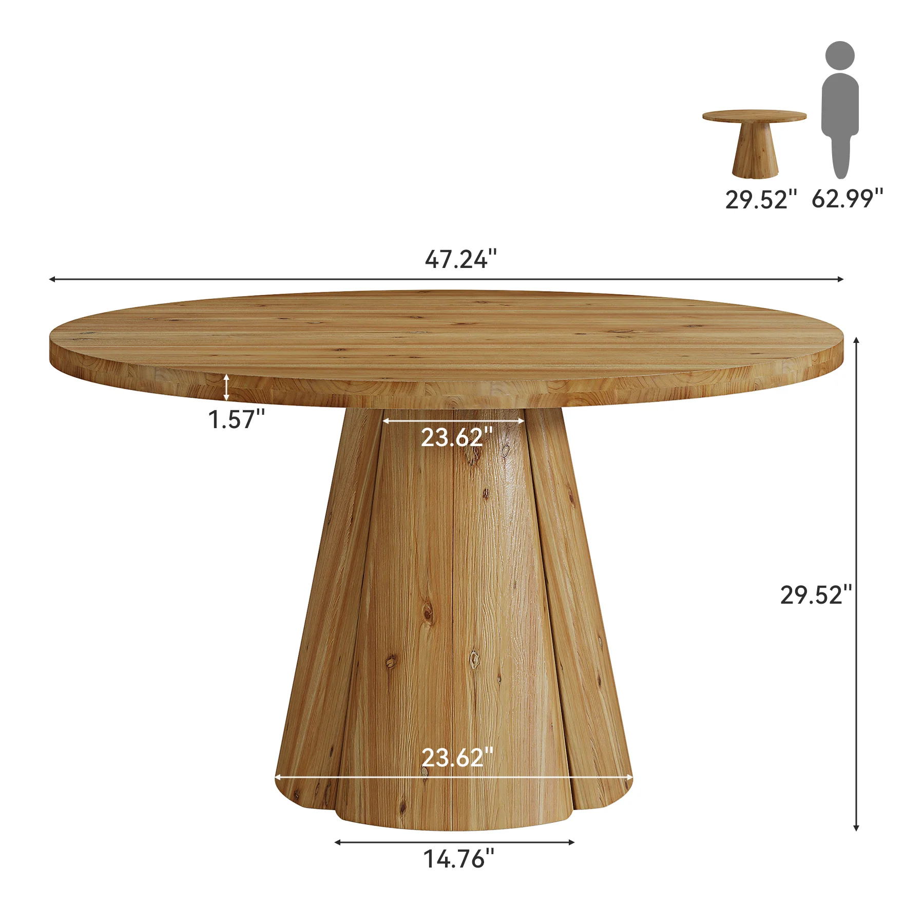 Hommoo 47.24" Solid Wood Round Dining Table, Farmhouse Pedestal Kitchen Table for 4 to 6 People, Natural
