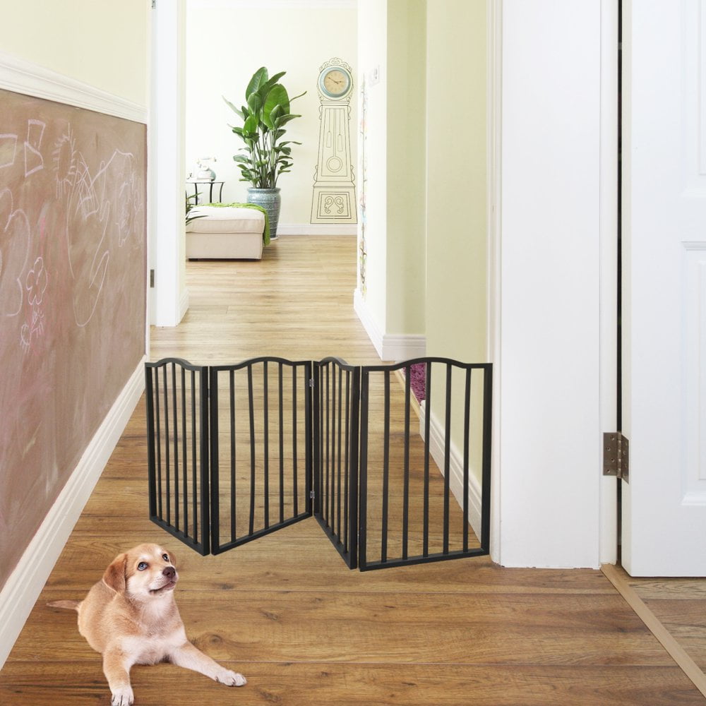 Hassch Dog Gate Foldable Dog Fence Freestanding 4 Panel Pet Gates Freestanding Folding Dog Gates House Pet Gate for Dogs Gate for Indoors,Extra Wide Dog Gate 32in Height Brown