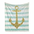 thumbnail image 1 of Anchor Soft Flannel Fleece Throw Blanket, Nordic Marine Golden Yellow Anchor Striped Background Old-Fashioned Artwork, Cozy Plush for Indoor and Outdoor Use, 50" x 60", Pale Blue White, by Ambesonne, 1 of 6