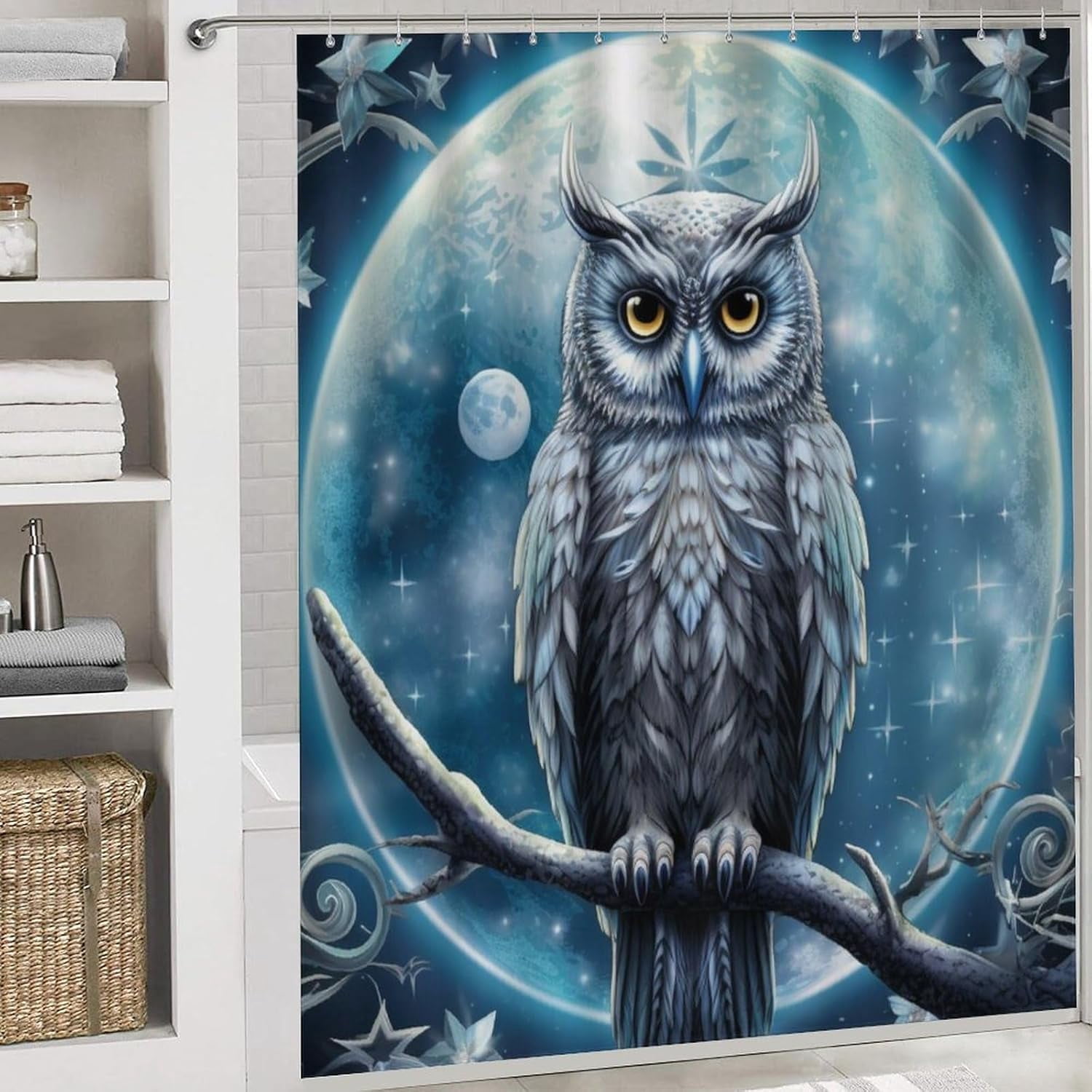 Fantasy Owl Shower Curtain Set for Bathroom 4Pcs Mystery Cool Animal Bird Retro Bathroom Sets with Rugs Toilet Lid Cover Bath Mat Shower Curtain Set with Hooks, Bathroom Decor