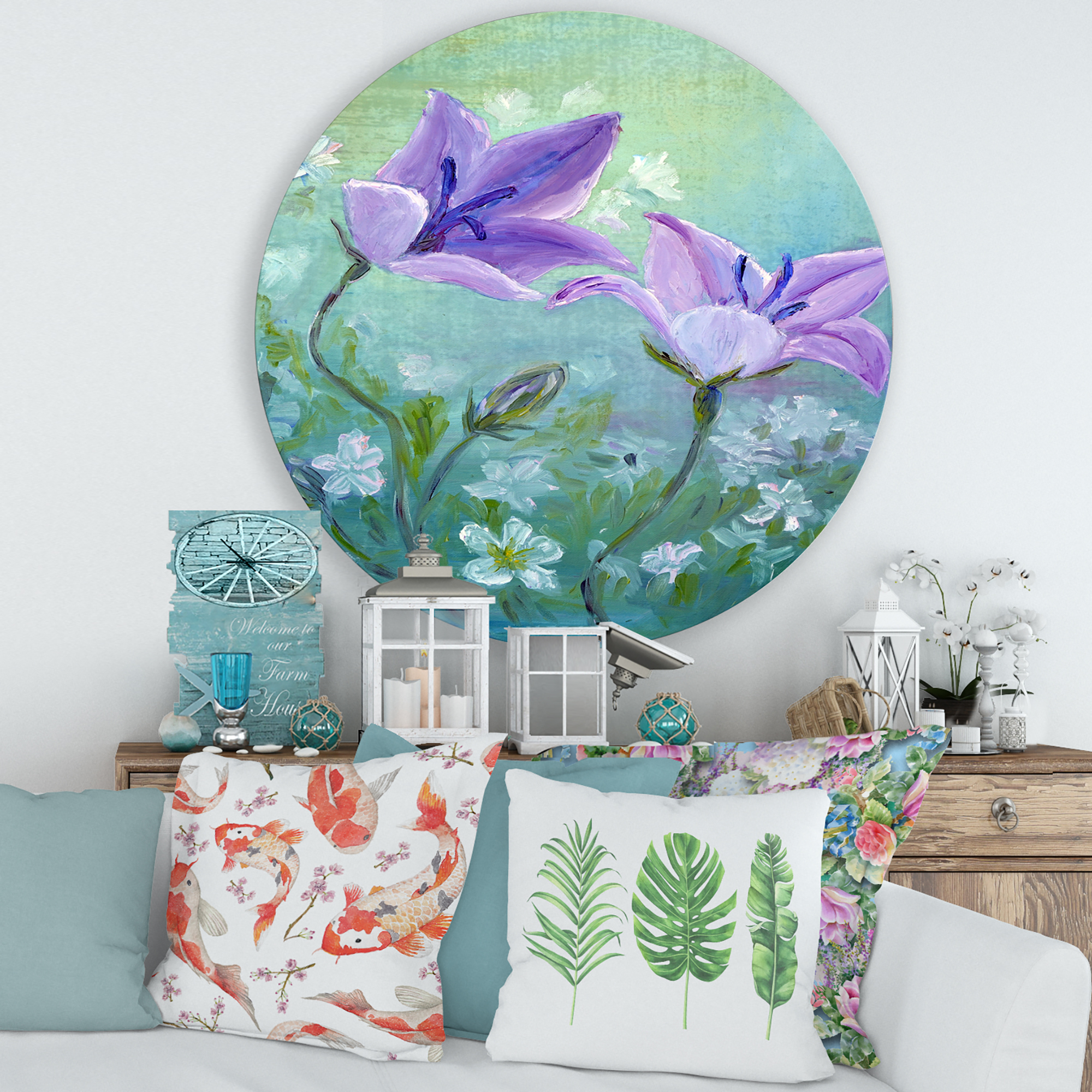Designart 'Purple Bellflowers Blooming' Traditional Circle Metal Wall Art 29x29 - Disc of 29