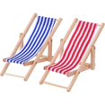 thumbnail image 1 of Mini silla de playa - Paquete de 2 - Mini silla de madera decorativa - Tumbona para muñecas - Soporte para teléfono - Asiento de tela azul y blanca - Aprox. 11 x 6 cm, 1 of 5