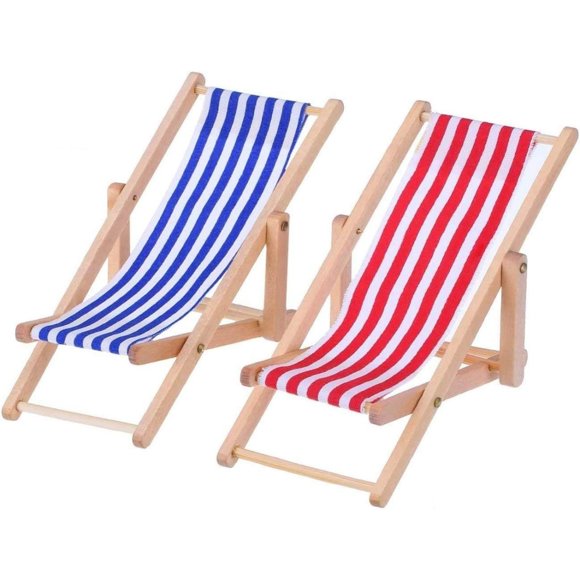 Mini silla de playa - Paquete de 2 - Mini silla de madera decorativa - Tumbona para muñecas - Soporte para teléfono - Asiento de tela azul y blanca - Aprox. 11 x 6 cm